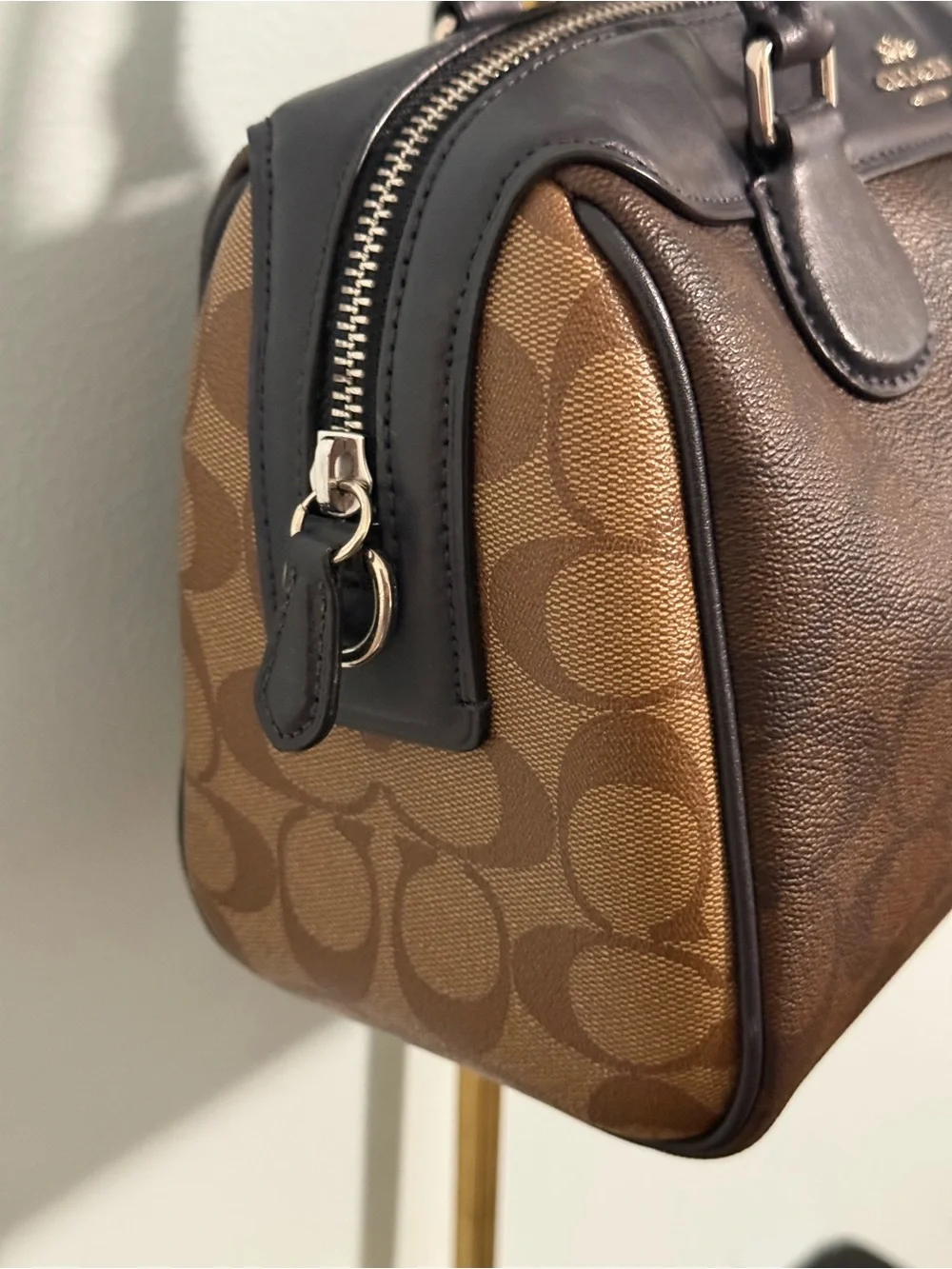 COACH Signature Canvas Satchel in two shades of brown and Navy Leather Trim! 🤩